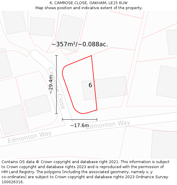 6, CAMROSE CLOSE, OAKHAM, LE15 6UW: Plot and title map