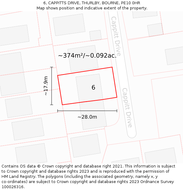 6, CAPPITTS DRIVE, THURLBY, BOURNE, PE10 0HR: Plot and title map