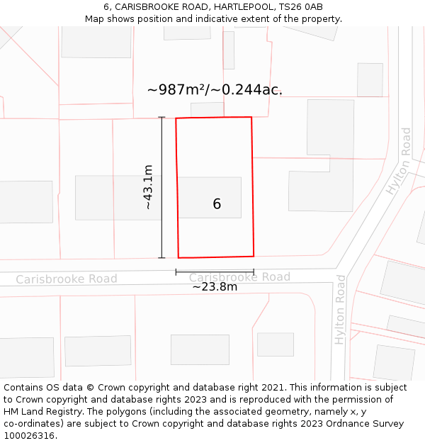 6, CARISBROOKE ROAD, HARTLEPOOL, TS26 0AB: Plot and title map