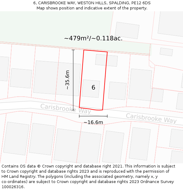 6, CARISBROOKE WAY, WESTON HILLS, SPALDING, PE12 6DS: Plot and title map