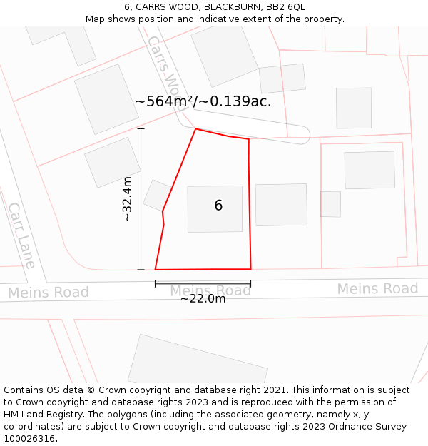 6, CARRS WOOD, BLACKBURN, BB2 6QL: Plot and title map