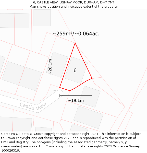 6, CASTLE VIEW, USHAW MOOR, DURHAM, DH7 7NT: Plot and title map