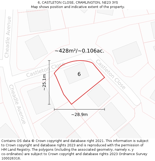 6, CASTLETON CLOSE, CRAMLINGTON, NE23 3YS: Plot and title map