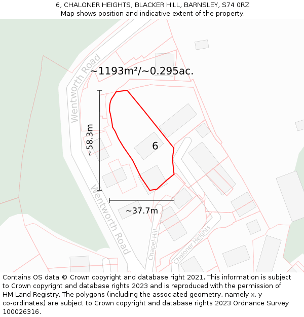 6, CHALONER HEIGHTS, BLACKER HILL, BARNSLEY, S74 0RZ: Plot and title map