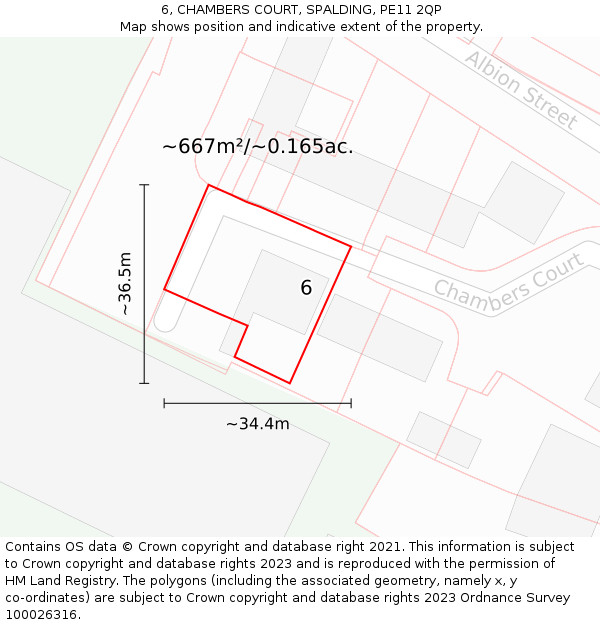6, CHAMBERS COURT, SPALDING, PE11 2QP: Plot and title map