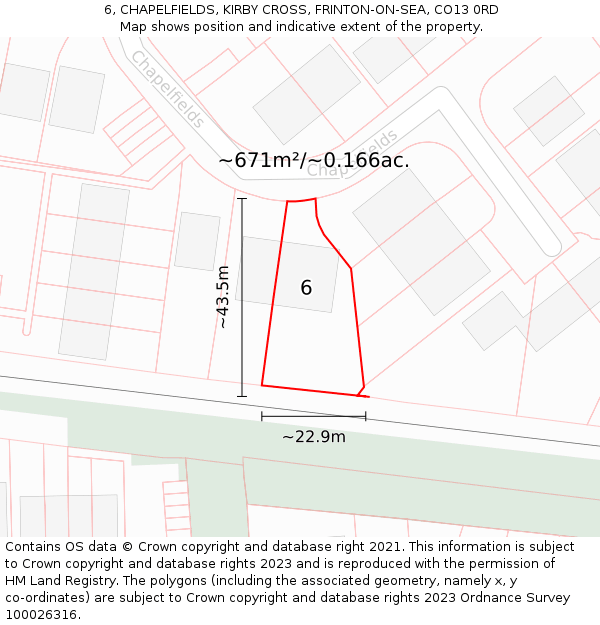 6, CHAPELFIELDS, KIRBY CROSS, FRINTON-ON-SEA, CO13 0RD: Plot and title map