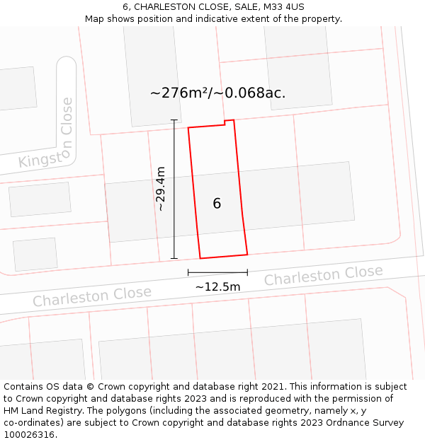 6, CHARLESTON CLOSE, SALE, M33 4US: Plot and title map