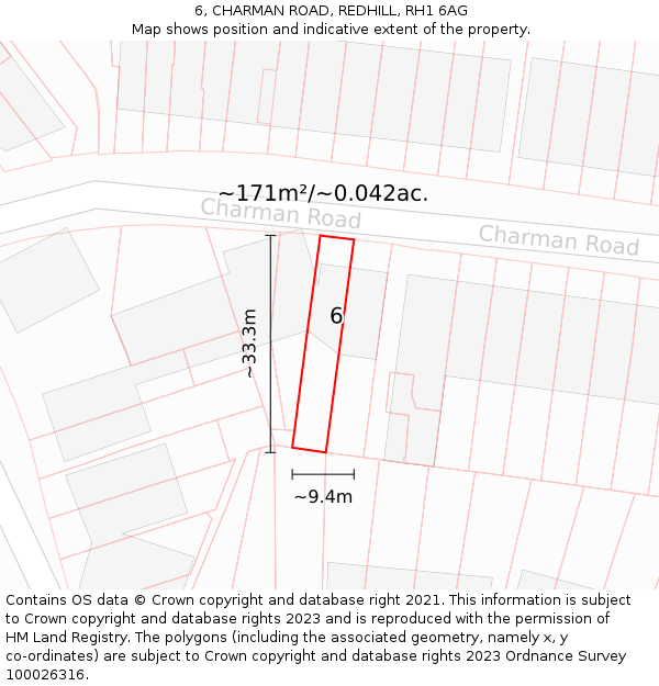 6, CHARMAN ROAD, REDHILL, RH1 6AG: Plot and title map