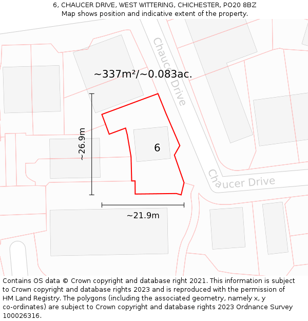 6, CHAUCER DRIVE, WEST WITTERING, CHICHESTER, PO20 8BZ: Plot and title map