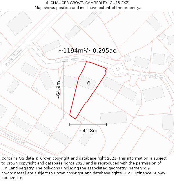 6, CHAUCER GROVE, CAMBERLEY, GU15 2XZ: Plot and title map