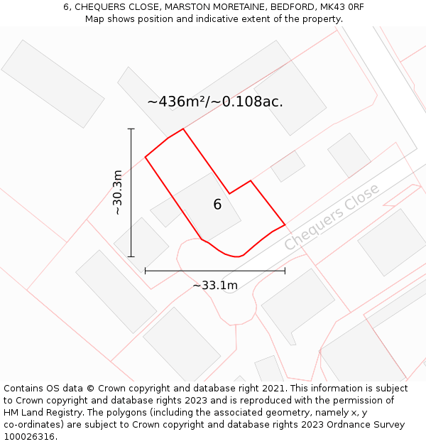 6, CHEQUERS CLOSE, MARSTON MORETAINE, BEDFORD, MK43 0RF: Plot and title map