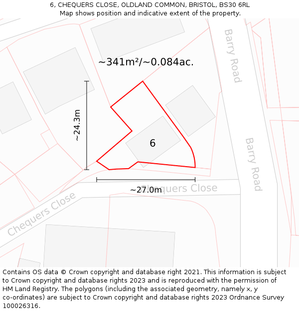 6, CHEQUERS CLOSE, OLDLAND COMMON, BRISTOL, BS30 6RL: Plot and title map