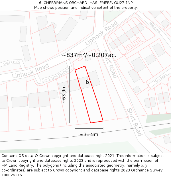 6, CHERRIMANS ORCHARD, HASLEMERE, GU27 1NP: Plot and title map