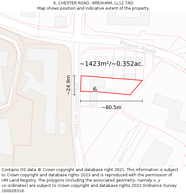 6, CHESTER ROAD, WREXHAM, LL12 7AD: Plot and title map