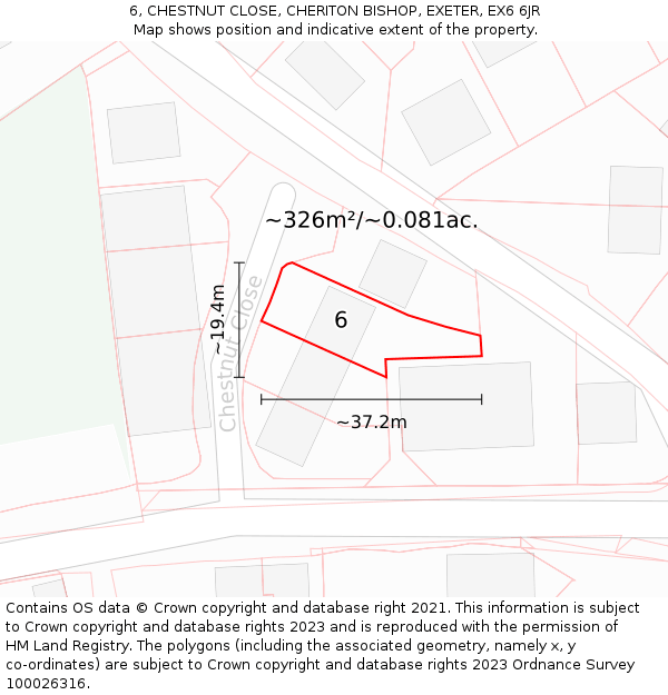 6, CHESTNUT CLOSE, CHERITON BISHOP, EXETER, EX6 6JR: Plot and title map