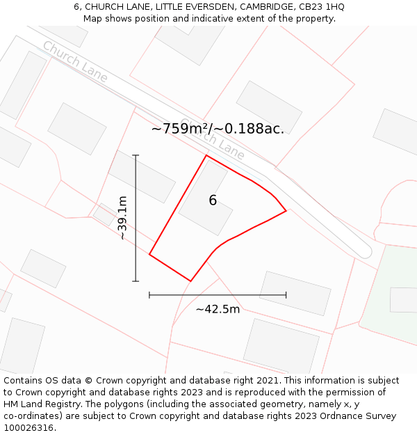 6, CHURCH LANE, LITTLE EVERSDEN, CAMBRIDGE, CB23 1HQ: Plot and title map