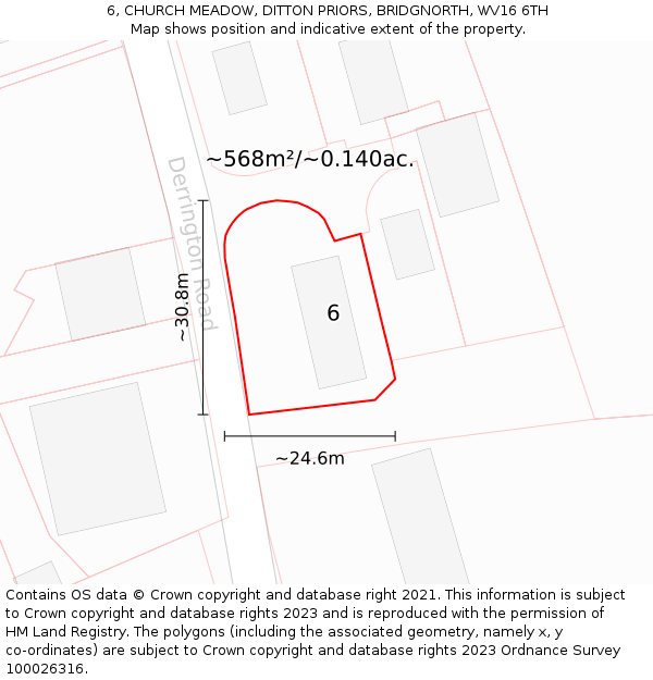 6, CHURCH MEADOW, DITTON PRIORS, BRIDGNORTH, WV16 6TH: Plot and title map