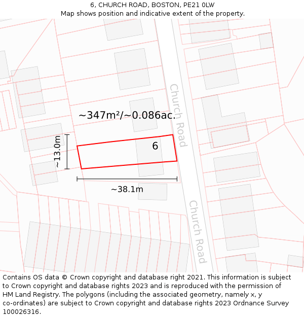 6, CHURCH ROAD, BOSTON, PE21 0LW: Plot and title map