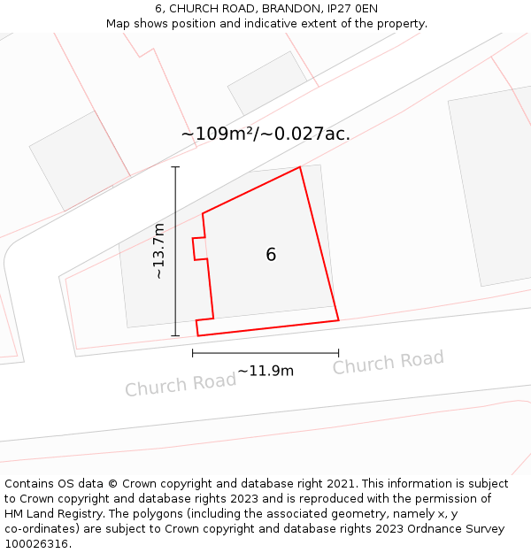 6, CHURCH ROAD, BRANDON, IP27 0EN: Plot and title map