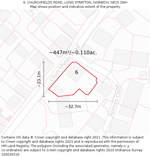 6, CHURCHFIELDS ROAD, LONG STRATTON, NORWICH, NR15 2WH: Plot and title map