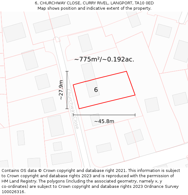 6, CHURCHWAY CLOSE, CURRY RIVEL, LANGPORT, TA10 0ED: Plot and title map