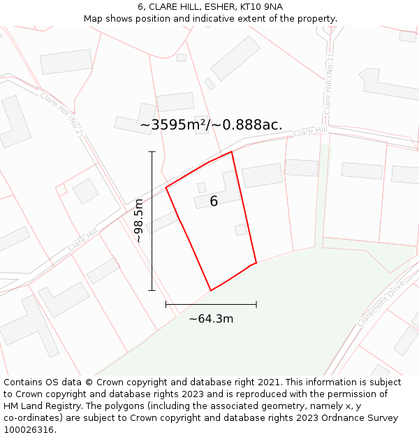 6, CLARE HILL, ESHER, KT10 9NA: Plot and title map