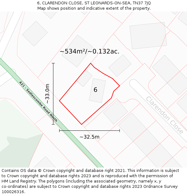 6, CLARENDON CLOSE, ST LEONARDS-ON-SEA, TN37 7JQ: Plot and title map