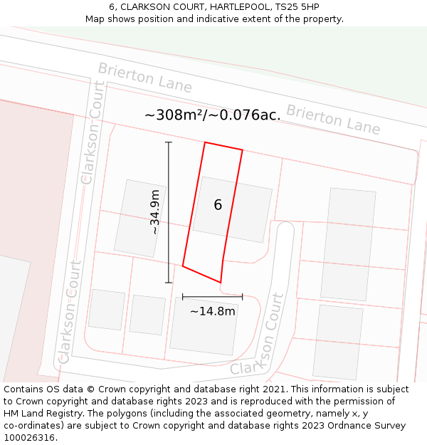 6, CLARKSON COURT, HARTLEPOOL, TS25 5HP: Plot and title map