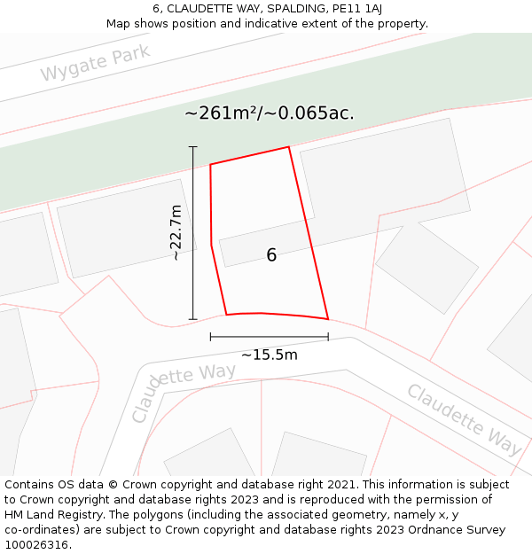 6, CLAUDETTE WAY, SPALDING, PE11 1AJ: Plot and title map