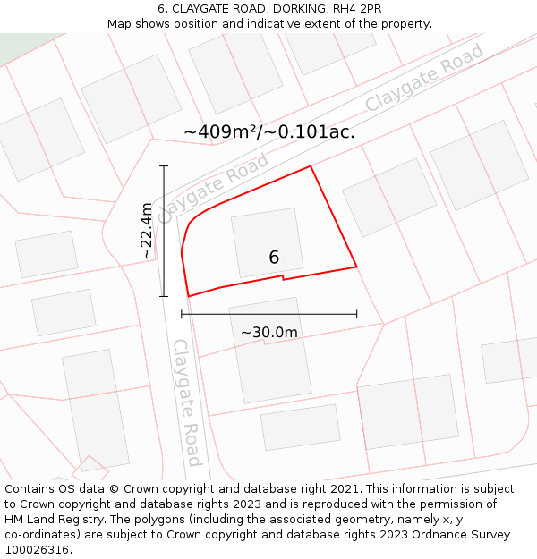 6, CLAYGATE ROAD, DORKING, RH4 2PR: Plot and title map