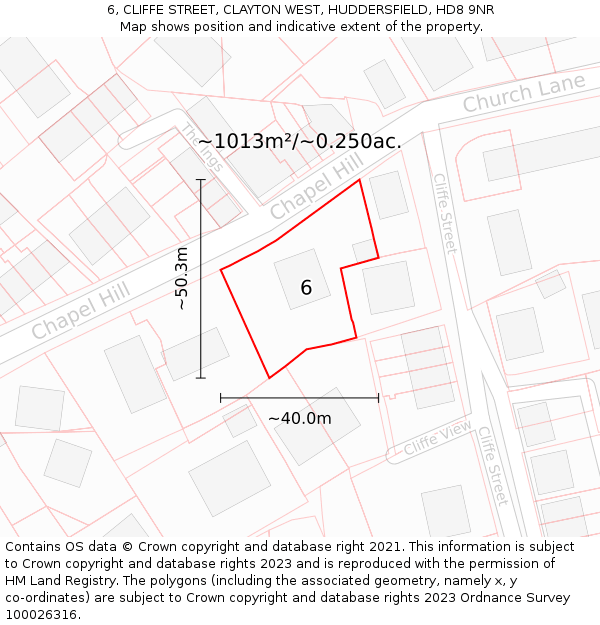 6, CLIFFE STREET, CLAYTON WEST, HUDDERSFIELD, HD8 9NR: Plot and title map