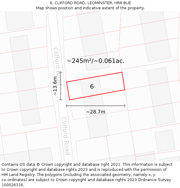 6, CLIFFORD ROAD, LEOMINSTER, HR6 8UE: Plot and title map