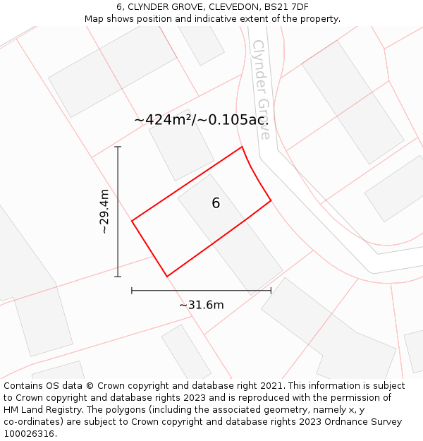 6, CLYNDER GROVE, CLEVEDON, BS21 7DF: Plot and title map