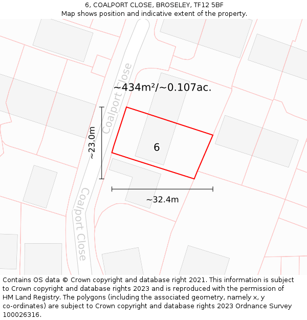 6, COALPORT CLOSE, BROSELEY, TF12 5BF: Plot and title map