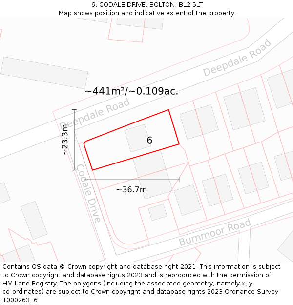 6, CODALE DRIVE, BOLTON, BL2 5LT: Plot and title map