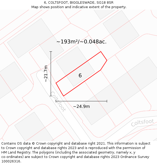 6, COLTSFOOT, BIGGLESWADE, SG18 8SR: Plot and title map