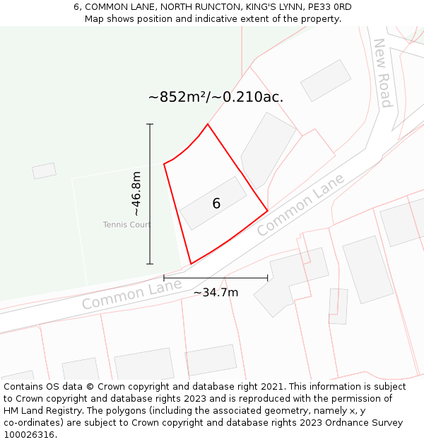 6, COMMON LANE, NORTH RUNCTON, KING'S LYNN, PE33 0RD: Plot and title map