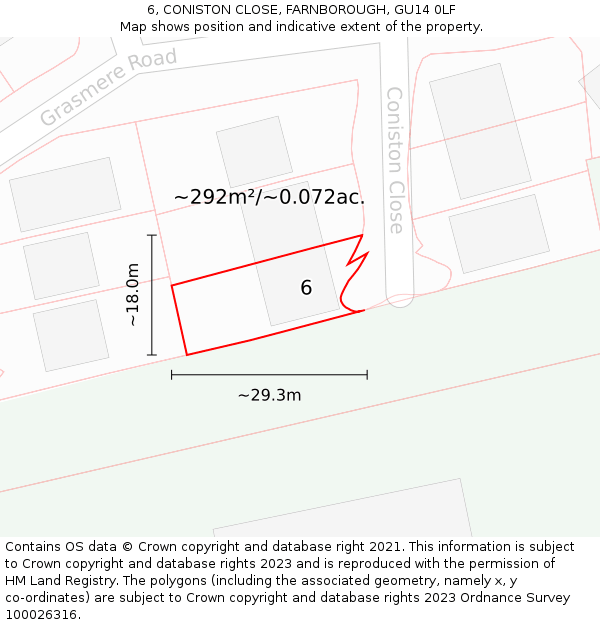 6, CONISTON CLOSE, FARNBOROUGH, GU14 0LF: Plot and title map