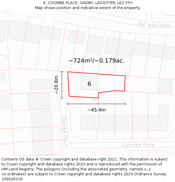 6, COOMBE PLACE, OADBY, LEICESTER, LE2 5TH: Plot and title map