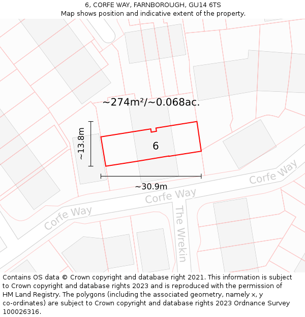 6, CORFE WAY, FARNBOROUGH, GU14 6TS: Plot and title map