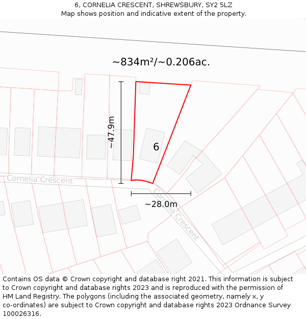 6, CORNELIA CRESCENT, SHREWSBURY, SY2 5LZ: Plot and title map