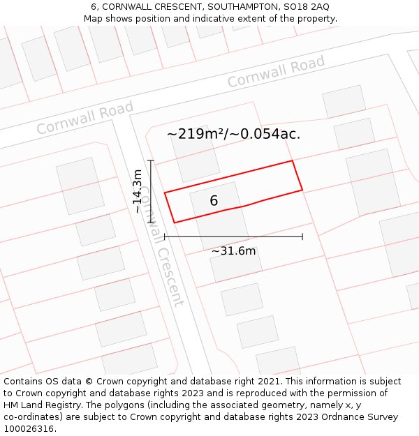 6, CORNWALL CRESCENT, SOUTHAMPTON, SO18 2AQ: Plot and title map