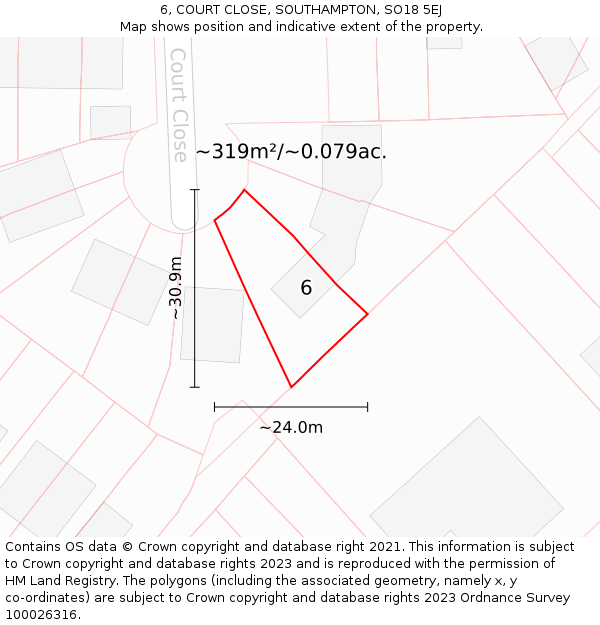 6, COURT CLOSE, SOUTHAMPTON, SO18 5EJ: Plot and title map