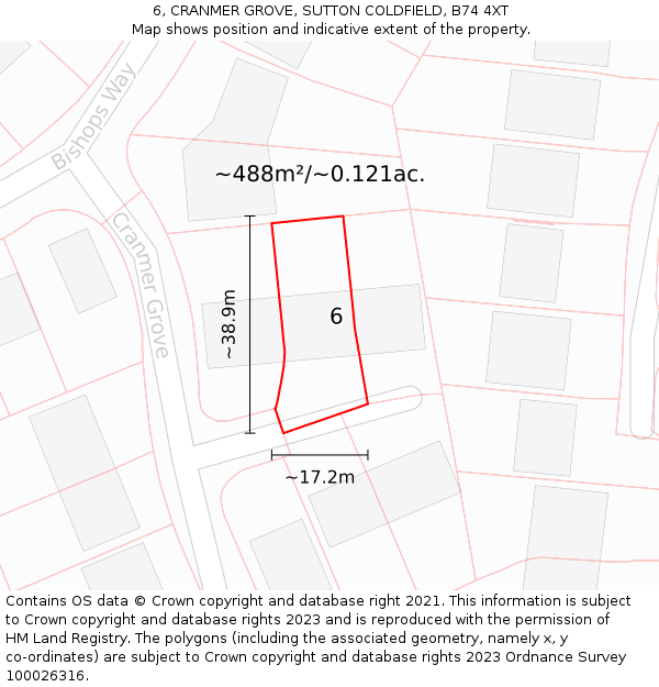 6, CRANMER GROVE, SUTTON COLDFIELD, B74 4XT: Plot and title map