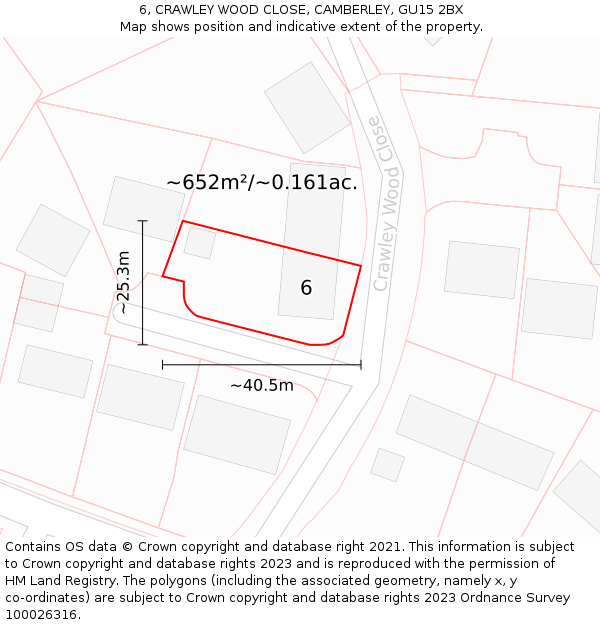 6, CRAWLEY WOOD CLOSE, CAMBERLEY, GU15 2BX: Plot and title map