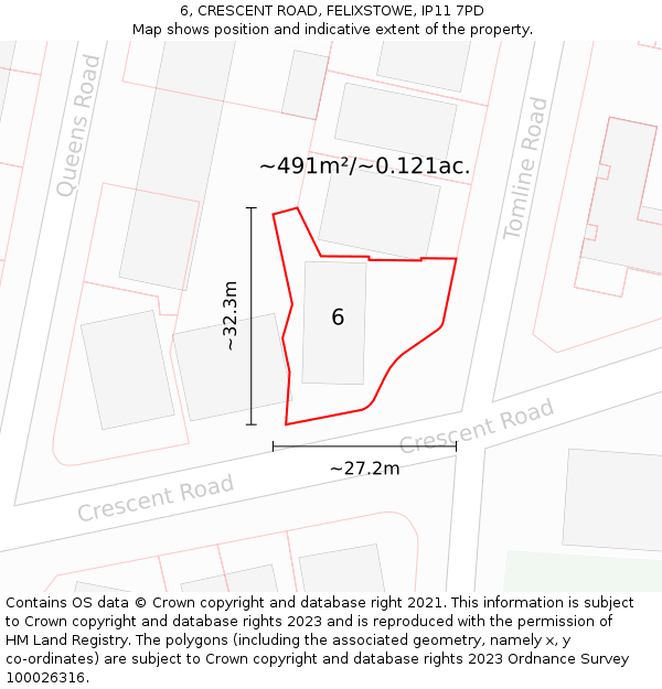 6, CRESCENT ROAD, FELIXSTOWE, IP11 7PD: Plot and title map