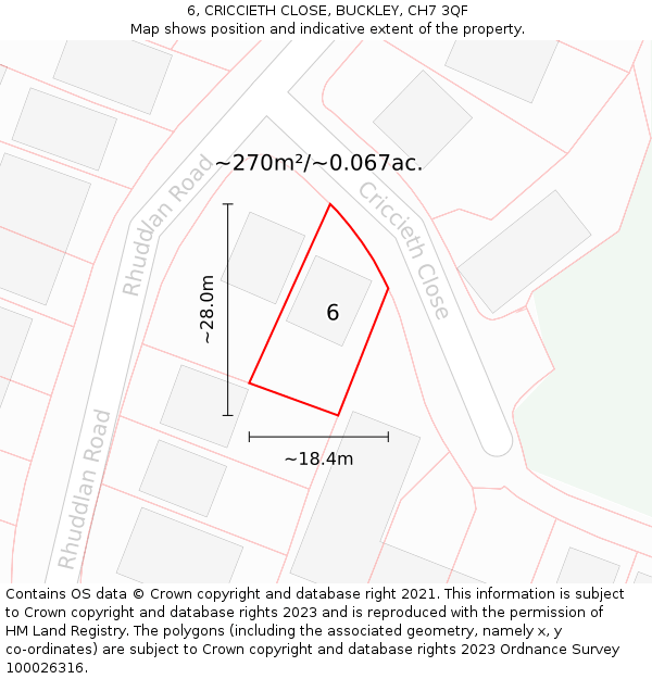 6, CRICCIETH CLOSE, BUCKLEY, CH7 3QF: Plot and title map