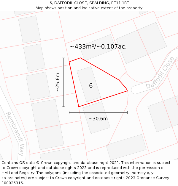 6, DAFFODIL CLOSE, SPALDING, PE11 1RE: Plot and title map