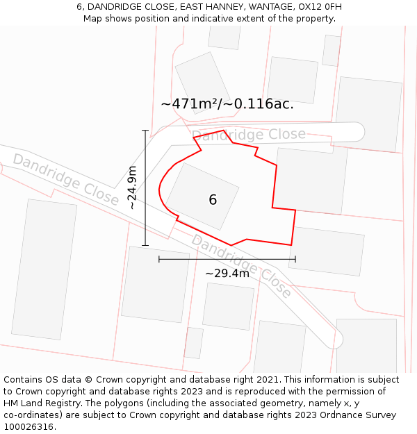 6, DANDRIDGE CLOSE, EAST HANNEY, WANTAGE, OX12 0FH: Plot and title map