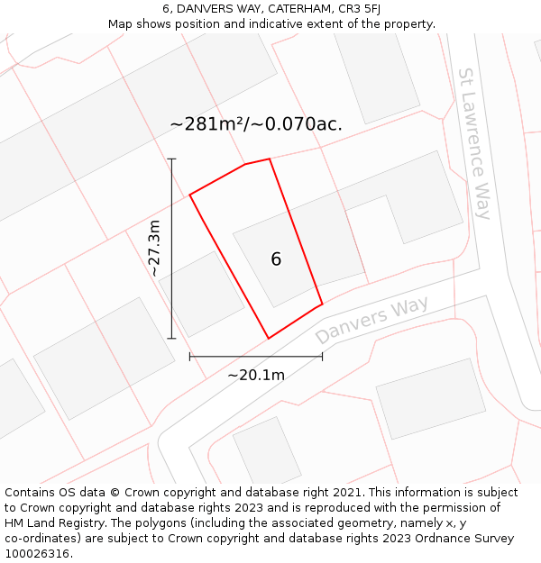 6, DANVERS WAY, CATERHAM, CR3 5FJ: Plot and title map